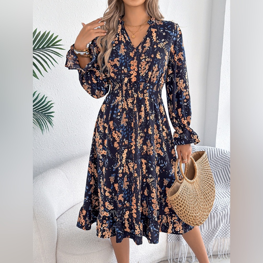 Floral Print Ruffle Hem Flounce Sleeve A-Line Dress